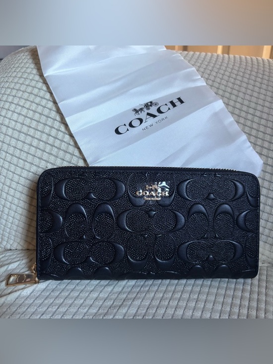 Coach Handbags - COACH Black Signature Embossed Leather Accordion Zip Around Long Wallet New
